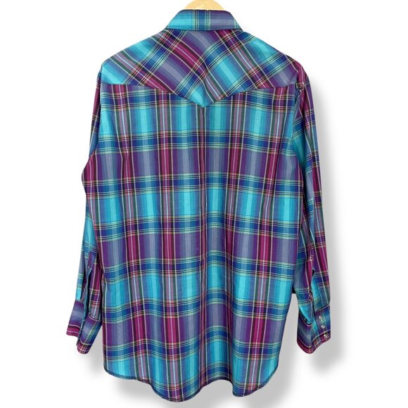 Vintage 90s Wranglers Shirt Men Sz 16-33 X-Long Tails Colorful Plaid Pearl Snaps - Picture 2 of 16
